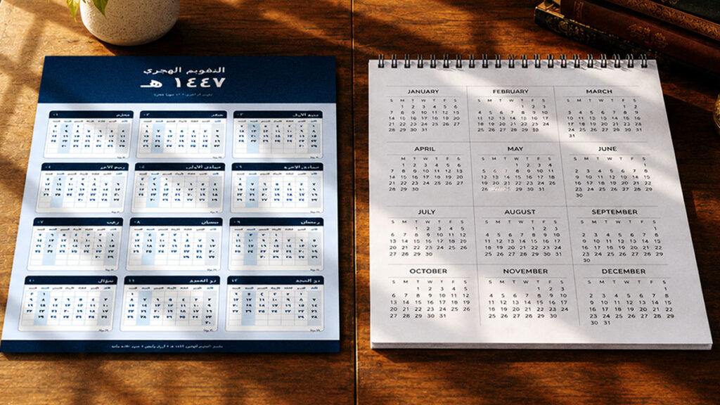 Perbandingan kalender Hijriah dan kalender Masehi di atas meja kayu yang menunjukkan perbedaan sistem penanggalan bulan dan matahari