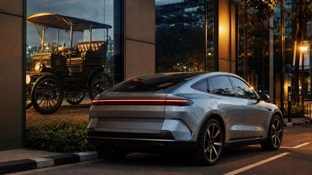 Mobil listrik modern terparkir di jalan kota saat senja dengan pantulan mobil listrik klasik di kaca gedung.