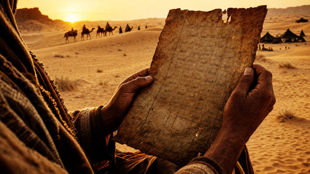 Seorang musafir Arab memegang selembar kalender kuno di gurun pasir, menggambarkan sejarah asal-usul nama-nama bulan Hijriah dalam tradisi Arab kuno.