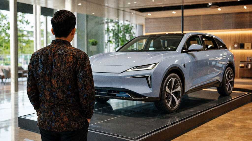 Calon pembeli melihat mobil listrik di showroom modern dengan fokus pada baterai EV di bagian bawah kendaraan.