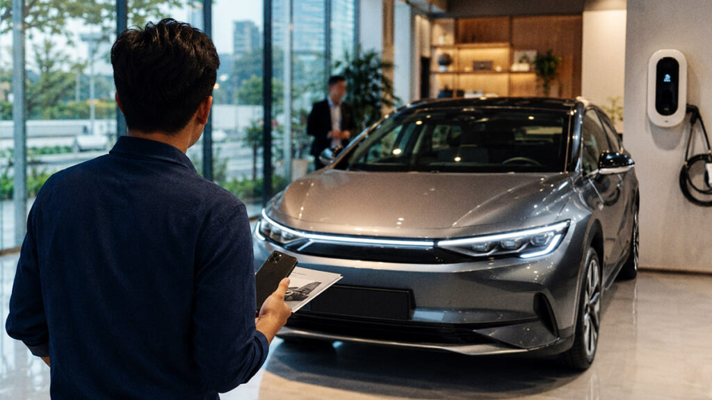 Calon pembeli melihat mobil listrik di showroom sambil membawa brosur dan smartphone sebelum membeli
