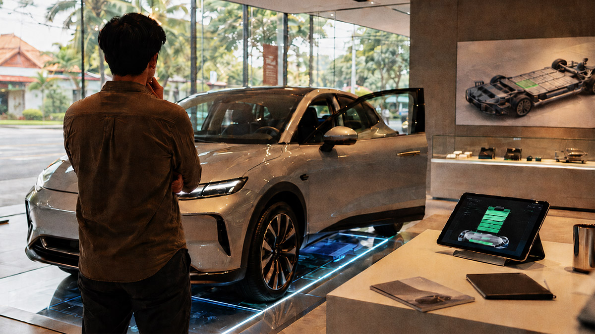 Calon pembeli melihat mobil listrik di showroom sambil mempertimbangkan umur baterai dan biaya penggantiannya.