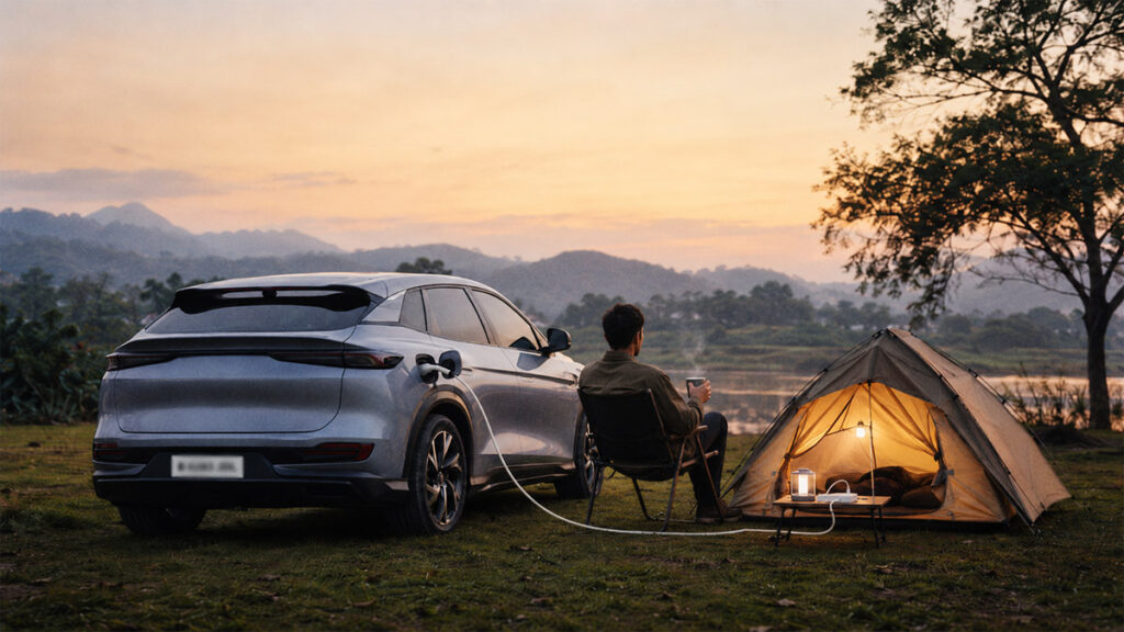Mobil listrik menyalakan lampu tenda melalui V2L saat camping.