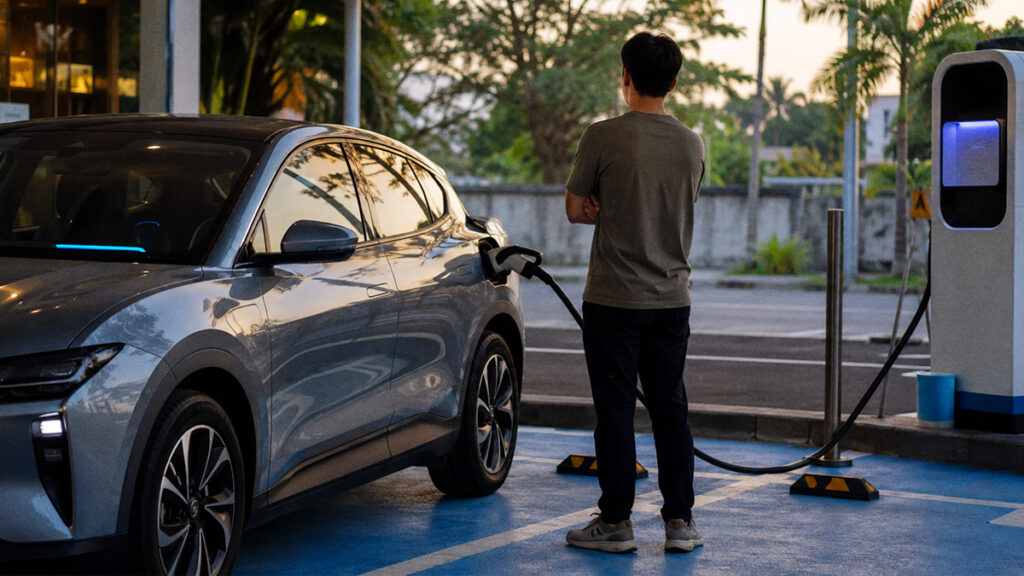 Seorang pria memperhatikan mobil listrik yang sedang fast charging di SPKLU sambil mempertimbangkan kesehatan baterai mobil listrik.
