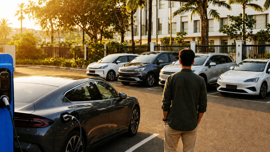 Deretan mobil elektrifikasi di area parkir Indonesia dengan satu mobil listrik sedang mengisi daya di SPKLU.