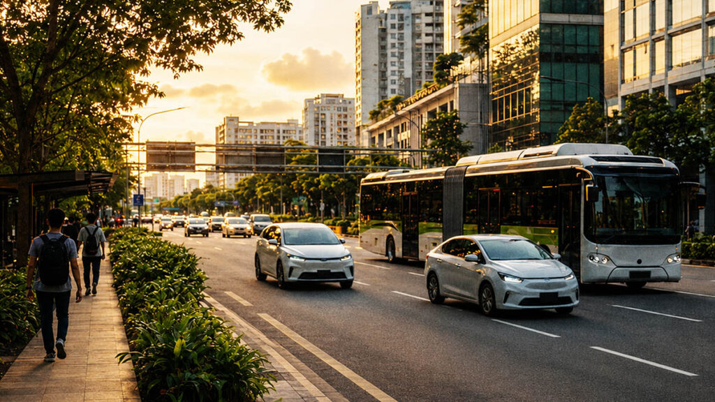 Suasana jalan kota saat golden hour dengan bus listrik, taksi, dan kendaraan BBM lain mulai dibatasi sebagai simbol transisi menuju transportasi rendah emisi.