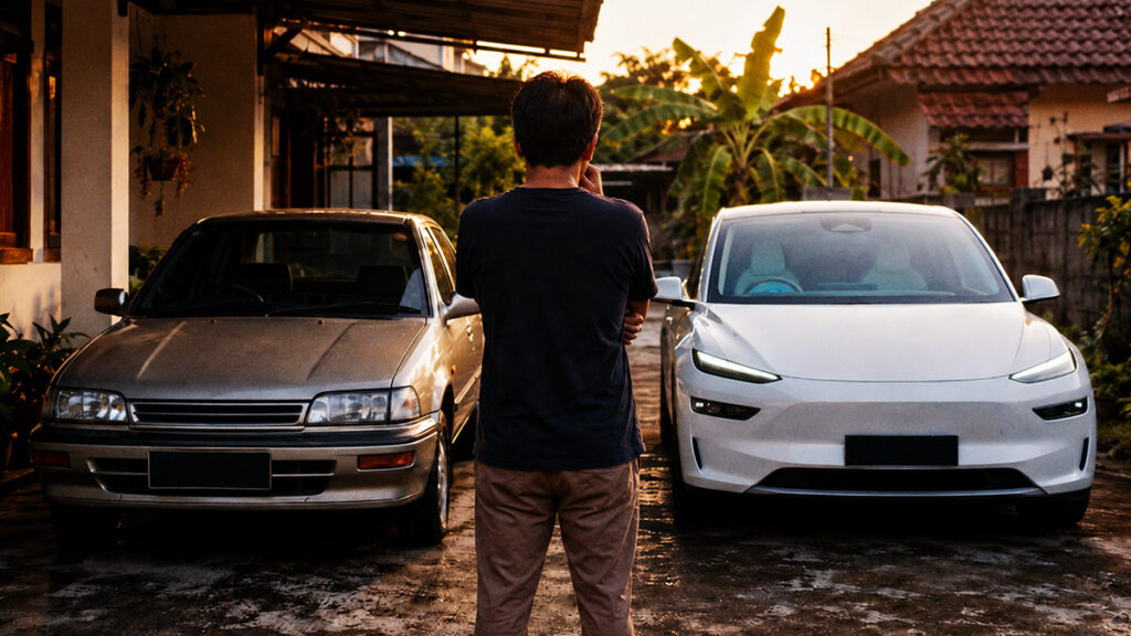 Pria melihat mobil BBM lama dan mobil listrik modern sambil mempertimbangkan umur baterai mobil listrik.