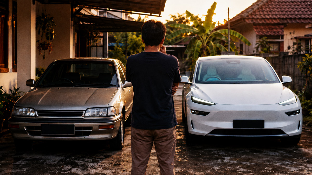 Pria melihat mobil BBM lama dan mobil listrik modern sambil mempertimbangkan umur baterai mobil listrik.
