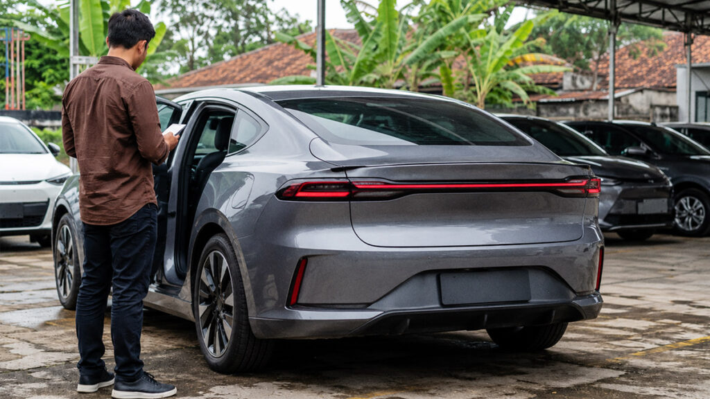 Calon pembeli mengecek mobil listrik bekas sebelum membeli, termasuk kondisi baterai, garansi, dan riwayat charging