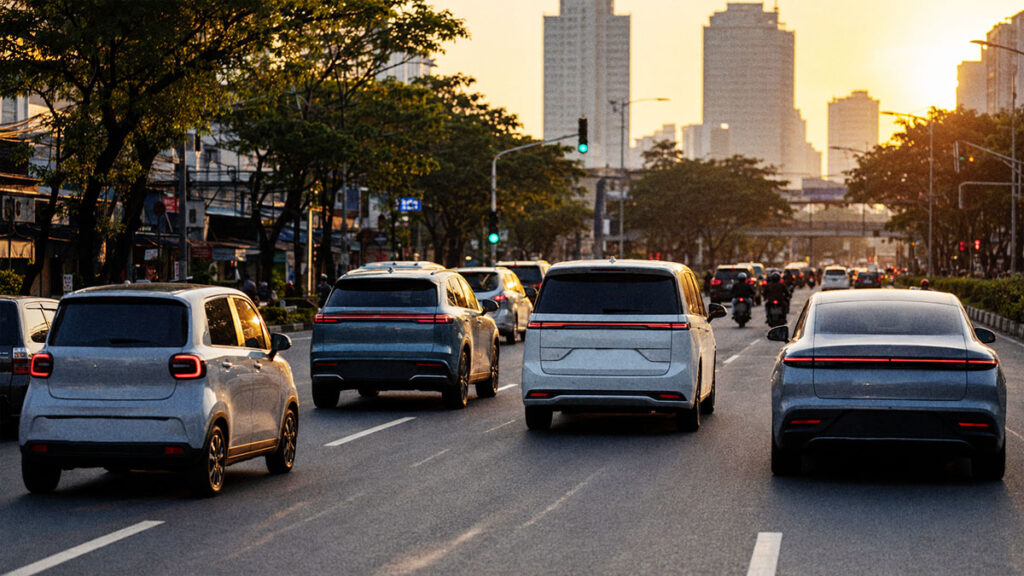 Sejumlah mobil listrik modern terlihat dari belakang melintas di jalan raya perkotaan saat golden hour.