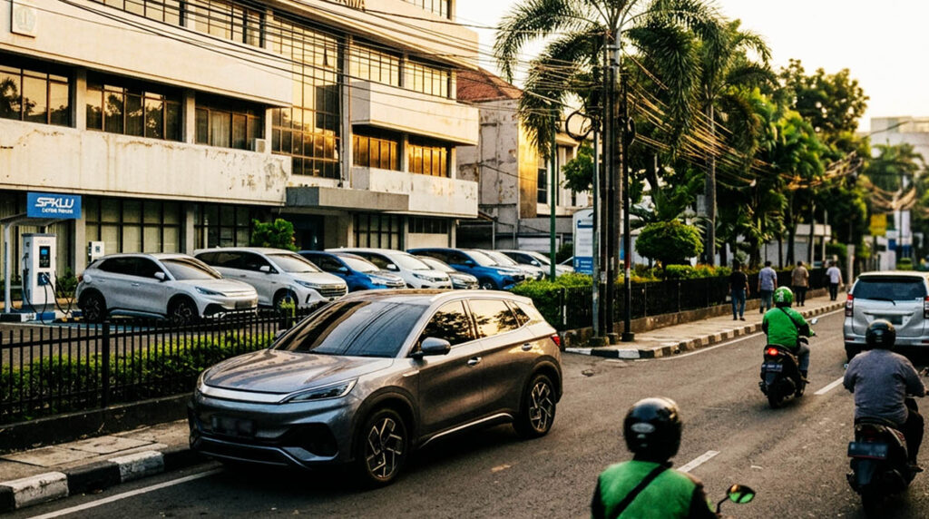 Mobil listrik melintas di dekat area SPKLU di parkiran gedung kota saat sore hari.