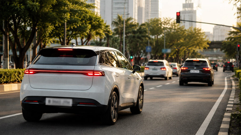 Mobil listrik melambat di jalan perkotaan saat regenerative braking bekerja