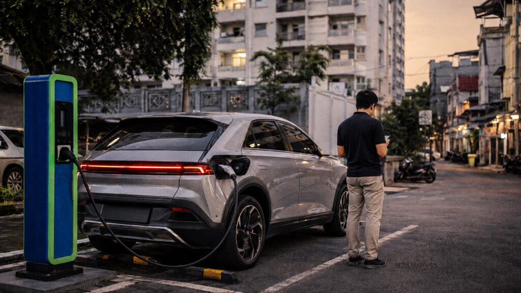 Mobil listrik mengisi daya di SPKLU dekat apartemen dan permukiman perkotaan.