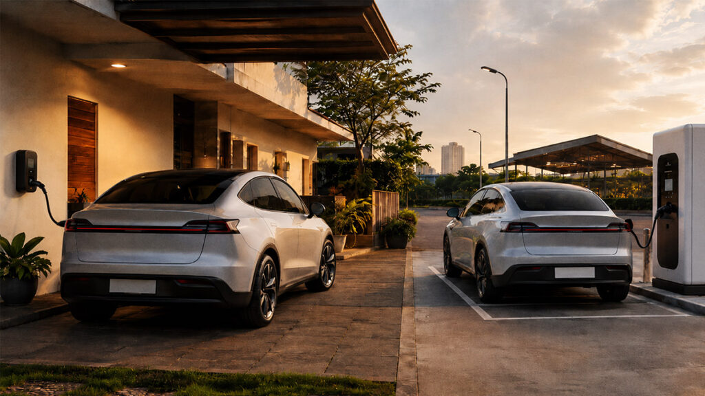 Dua mobil listrik sedang mengisi daya di rumah dan SPKLU pada sore hari.