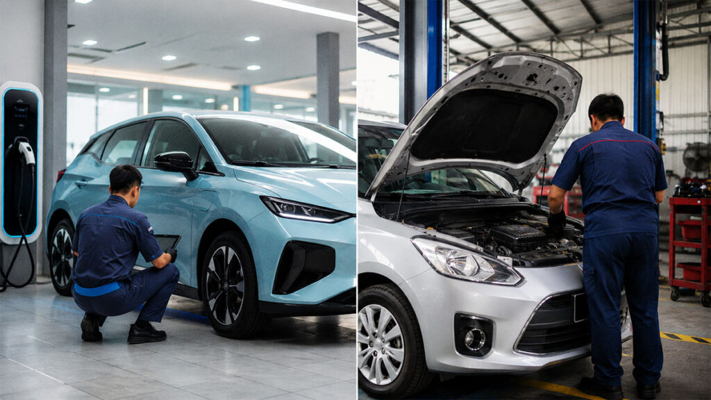 Mekanik memeriksa mobil listrik dan mobil bensin di dua bengkel berbeda sebagai perbandingan biaya perawatan.