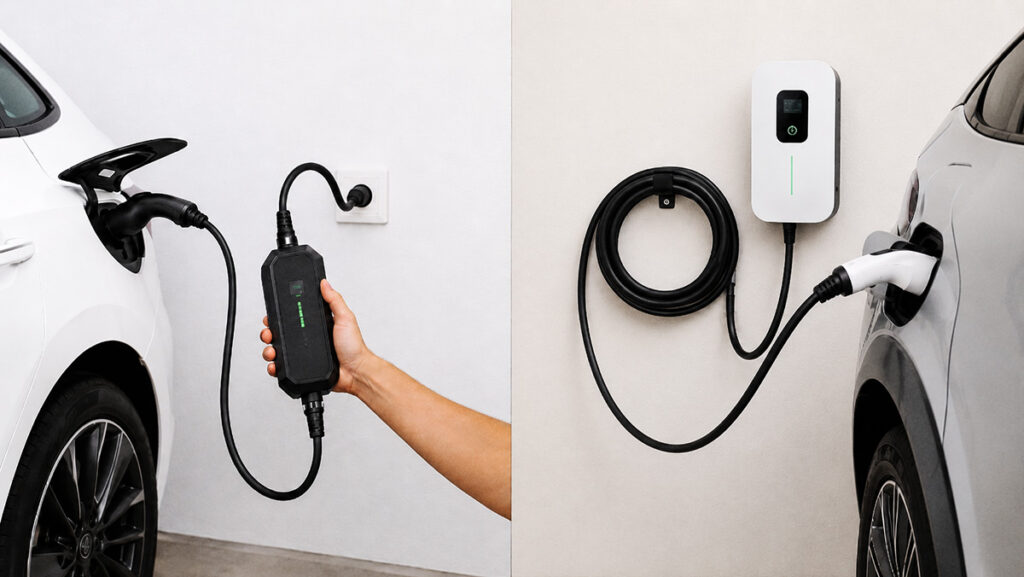 Perbandingan portable charger dan wall charger untuk mengisi baterai mobil listrik di rumah