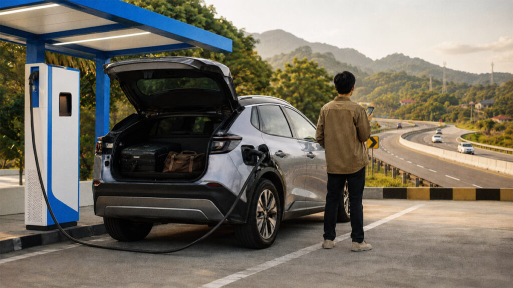 Mobil listrik mengisi daya di SPKLU rest area jalan tol saat road trip.