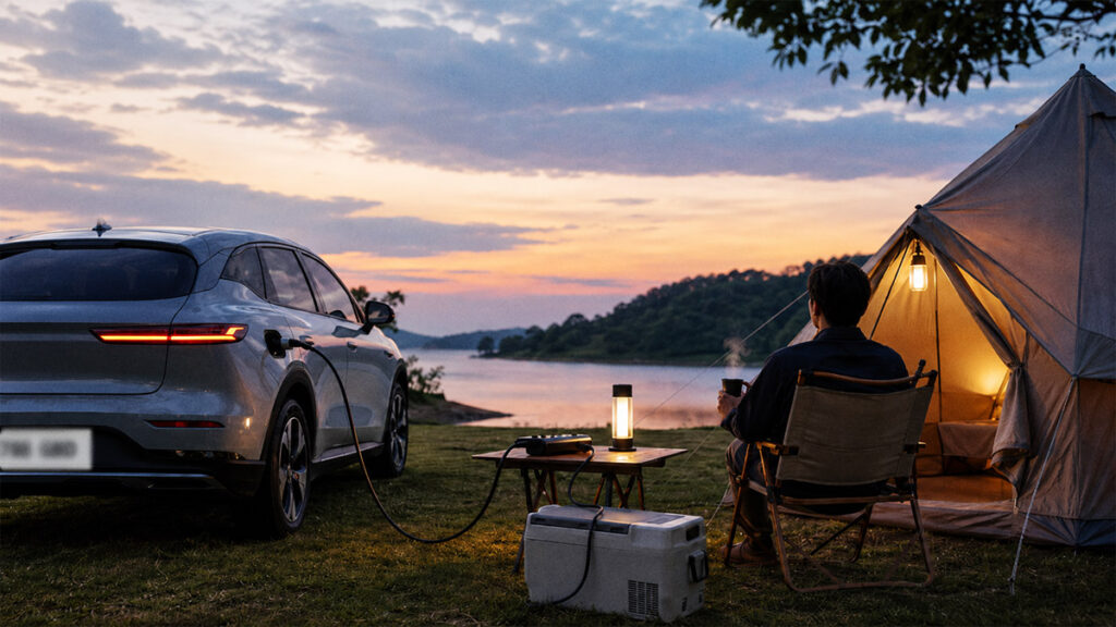 Mobil listrik menggunakan fitur V2L untuk menyalakan lampu dan cooler box saat camping di tepi danau.