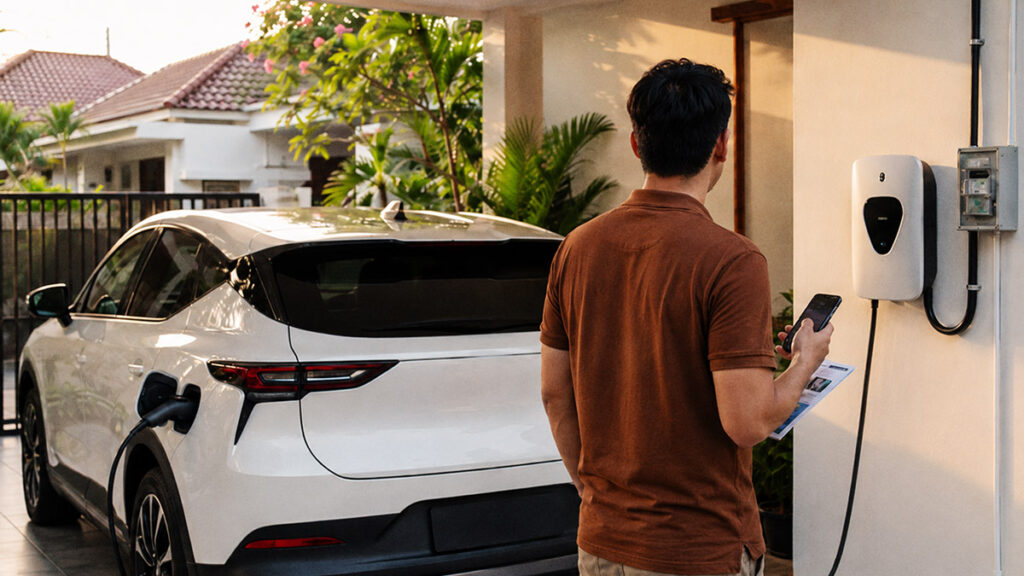 Pemilik mobil listrik memeriksa wall charger yang terpasang di carport rumah