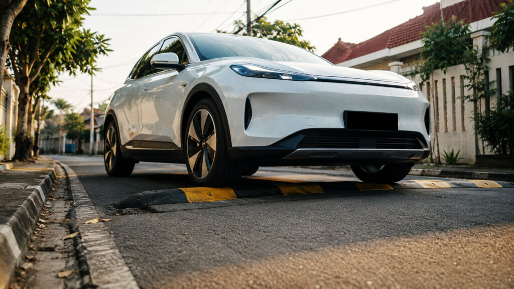 Mobil listrik melewati polisi tidur dengan perlahan untuk menjaga ground clearance dan bagian bawah kendaraan.