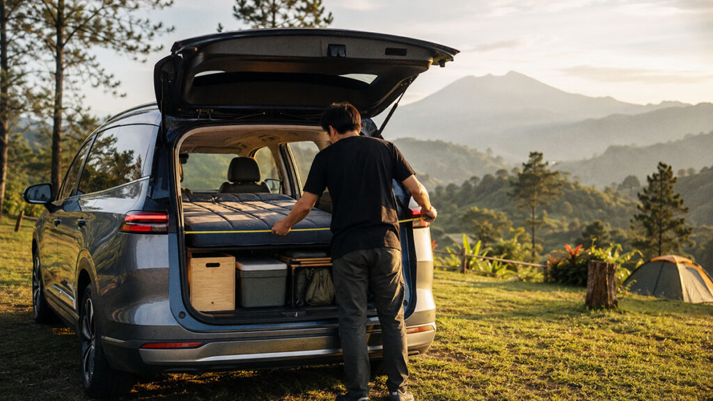 Seorang pria mengukur kabin belakang mobil listrik yang sedang disiapkan menjadi campervan modular.