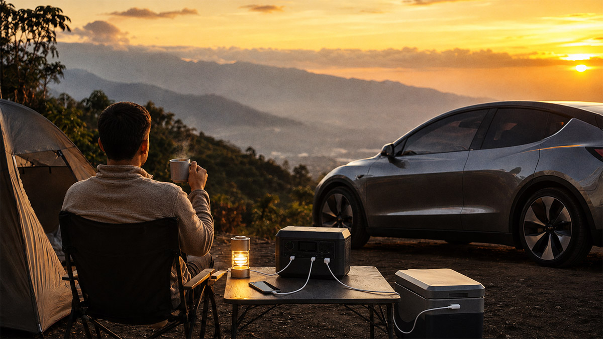 Mobil listrik tanpa V2L di lokasi camping dengan portable power station untuk lampu dan pengisian ponsel saat matahari terbenam.