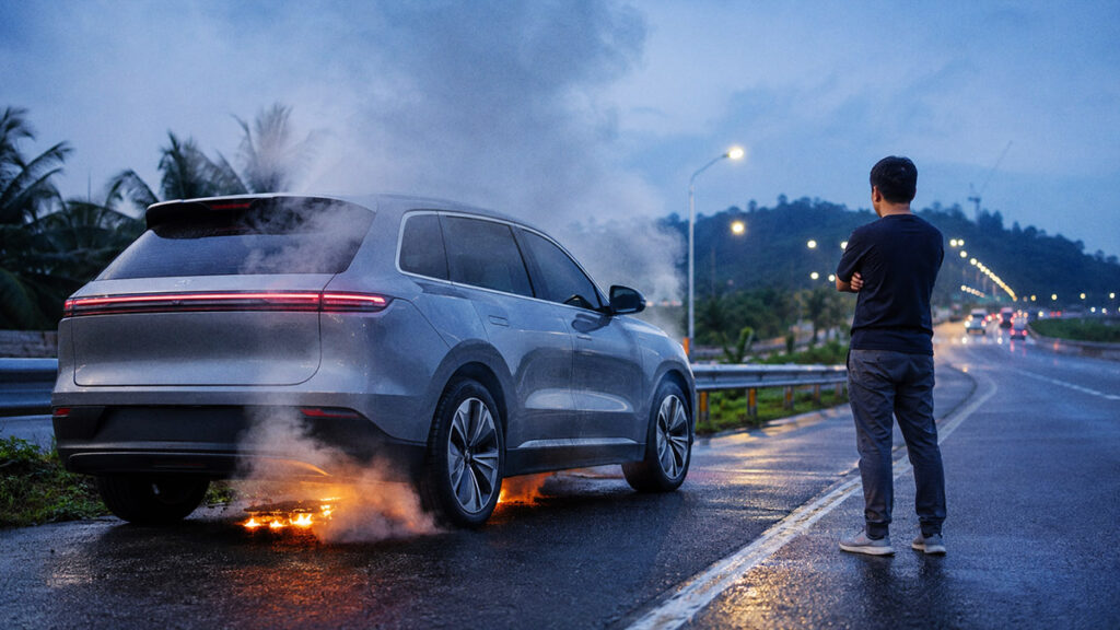 Mobil listrik terbakar mengeluarkan asap dan api di bahu jalan tol sementara pengemudi menjauh dari kendaraan