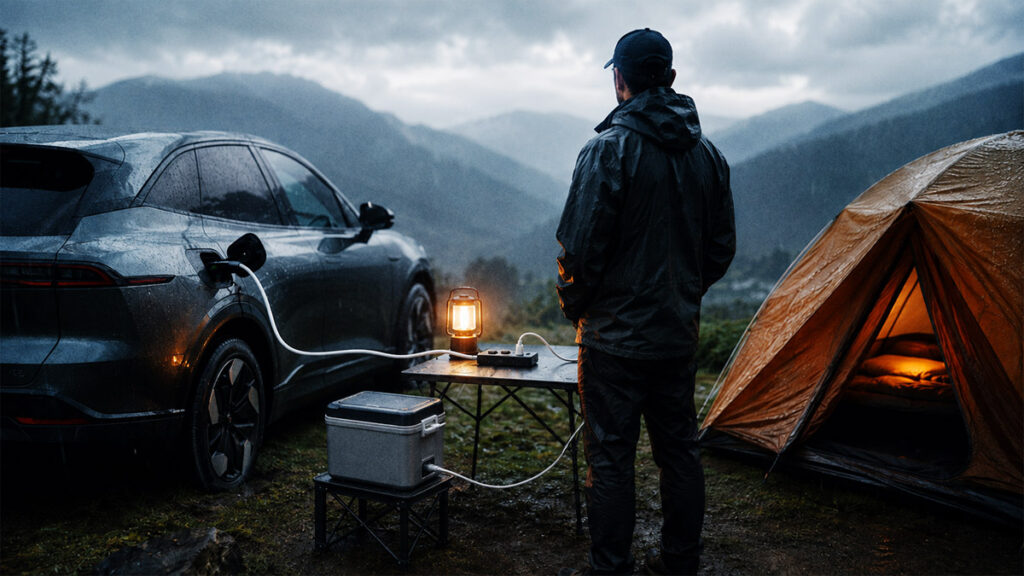 V2L mobil listrik digunakan saat hujan di area camping untuk menyalakan lampu dan cooler box.
