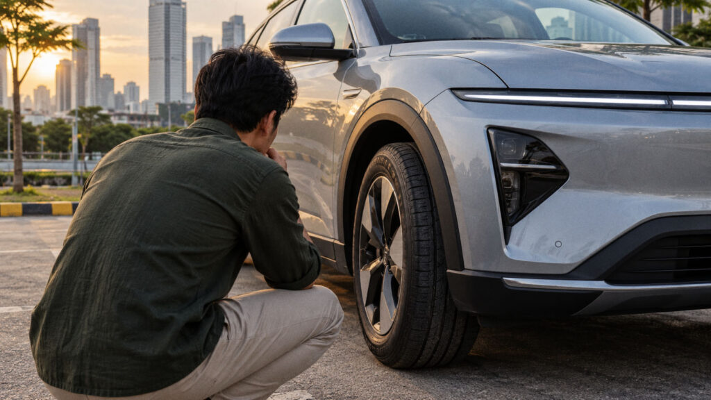 Pemilik mobil listrik memeriksa kondisi ban depan mobil di area perkotaan.