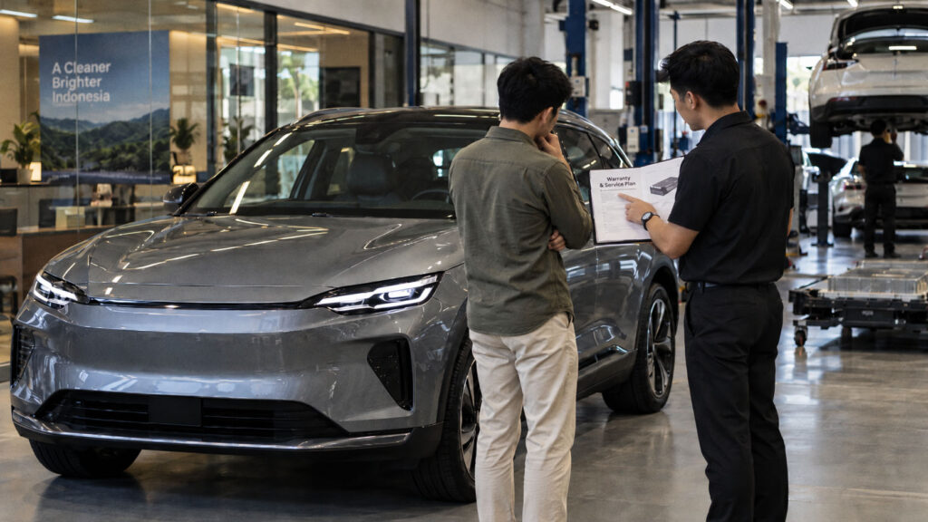 Pemilik mobil listrik berdiskusi dengan petugas service advisor mengenai garansi baterai mobil listrik di bengkel resmi